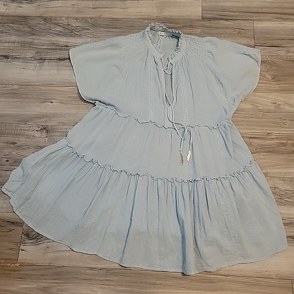 Karlie Dress Womens Med Linen Blend Ruffle V-Neck Short Sleeve Tunic Baby Doll